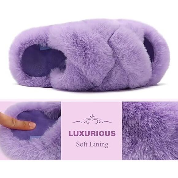 Fluff Slippers, Open Toe Faux Fur Fuzzy Slides, Comfort Arch Support, Purple, 9 - Picture 4 of 6